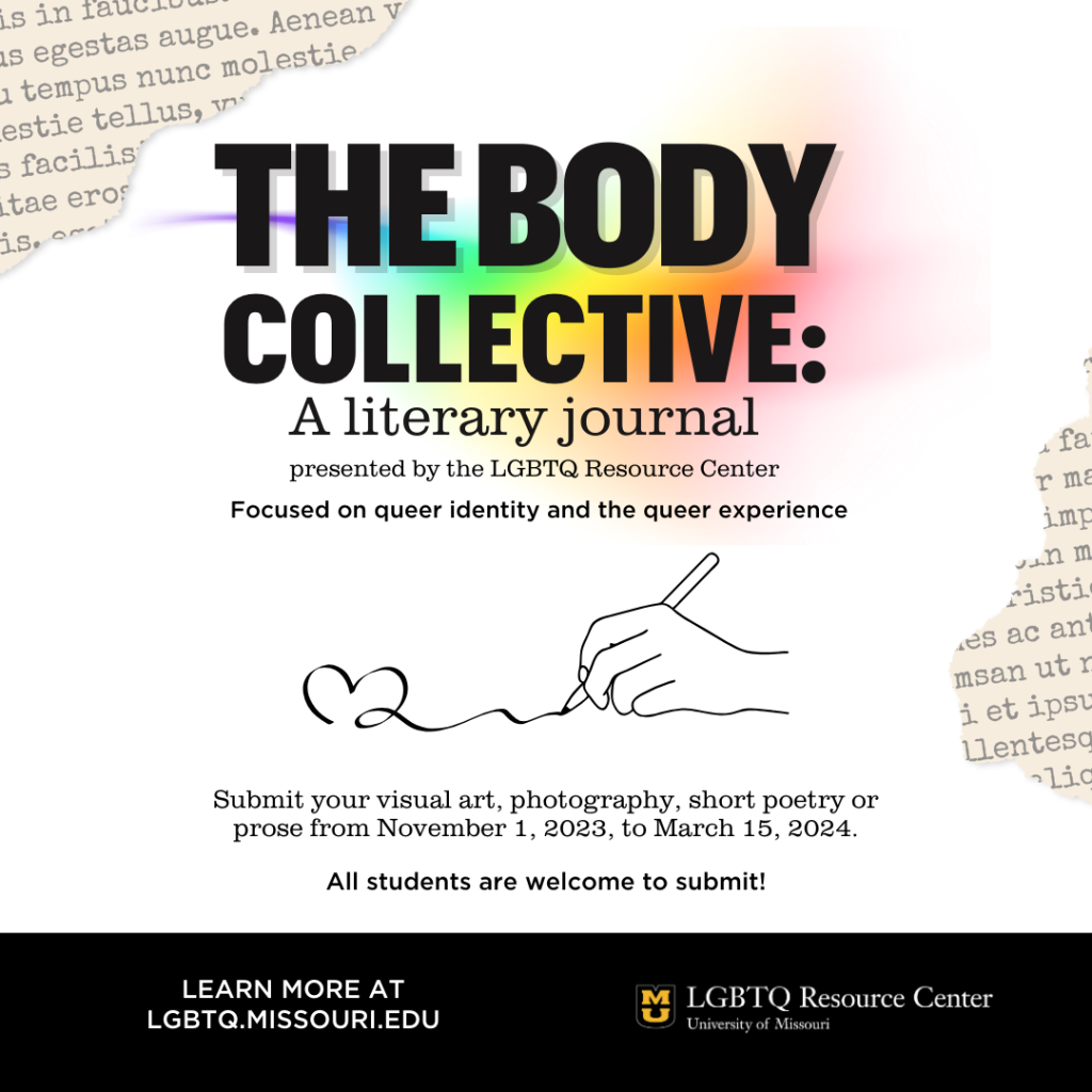 Graphic advertising The Body Collective, a literary journal presented by the LGBTQ Resource Center that focuses on queer identity and the queer experience. Submit your visual art, photography, short poetry or prose from November 1 2023 to March 15 2024.